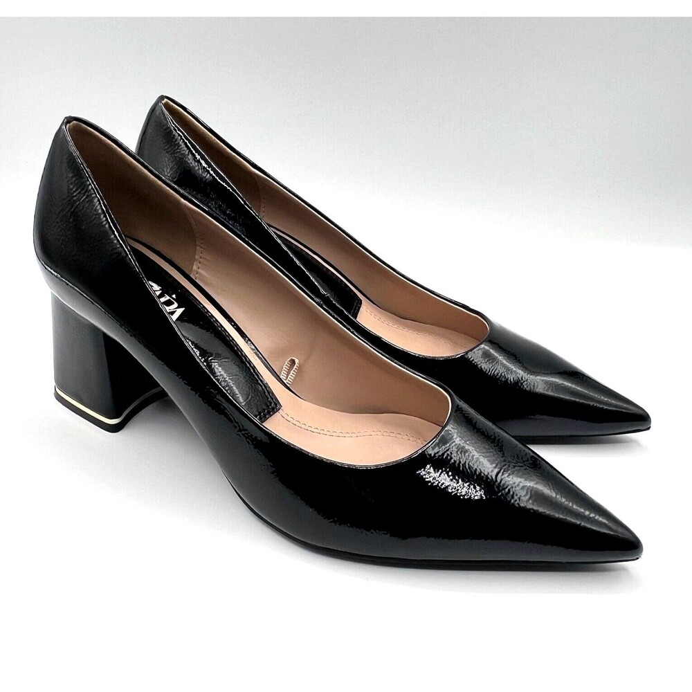 ZARA Black Patent Leather Block Heels Gold Band Pointed Toes 2-5/8" Heel US 7.5